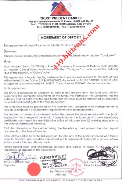 Agreement of Deposit